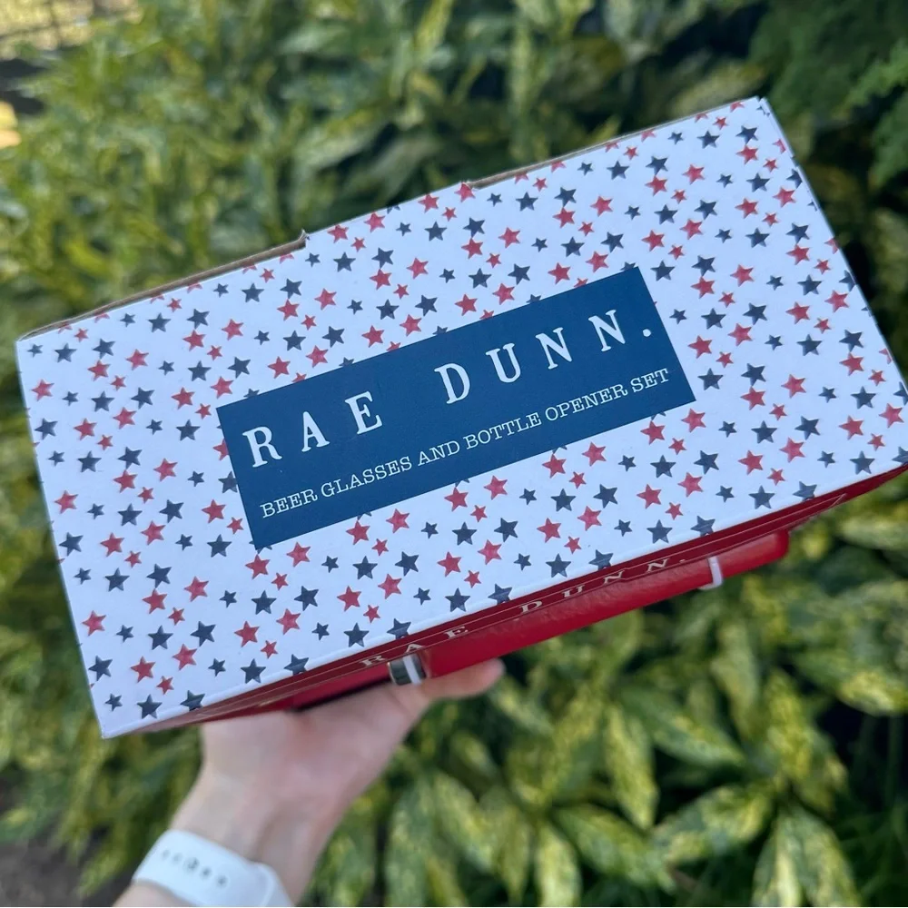 NEW Rae Dunn Patriotic USA America Beer Glasses with Bottle Opener Set NIB